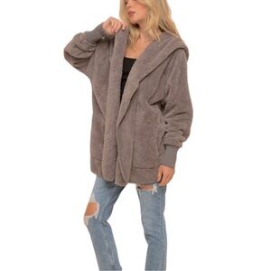 Charcoal Soft Hooded Plush Teddy Cardigan with Pockets NWT